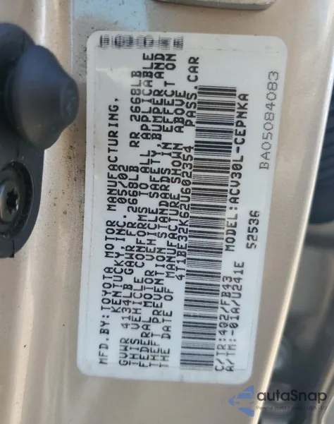 2002 Toyota Camry Le из США, поврежденный, VIN 4T1BE32K62U602354